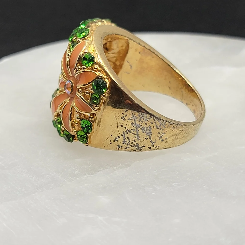 Vintage Wide Band Floral Rhinestone Ring Size 12 ½